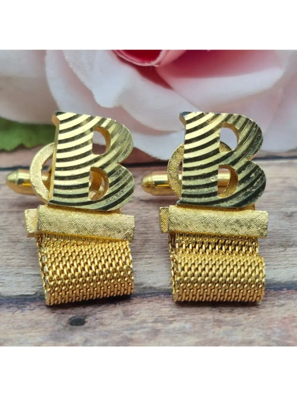 Vintage Dante Gold Tone B Monogram Cufflinks Mesh Shirt Wraps Set Mid Century